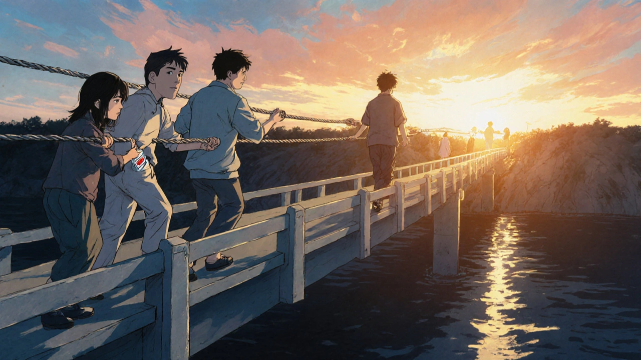 A person crossing a bridge toward sunrise, aided by family, peer, and therapist, with a Disulfiram bottle visible.