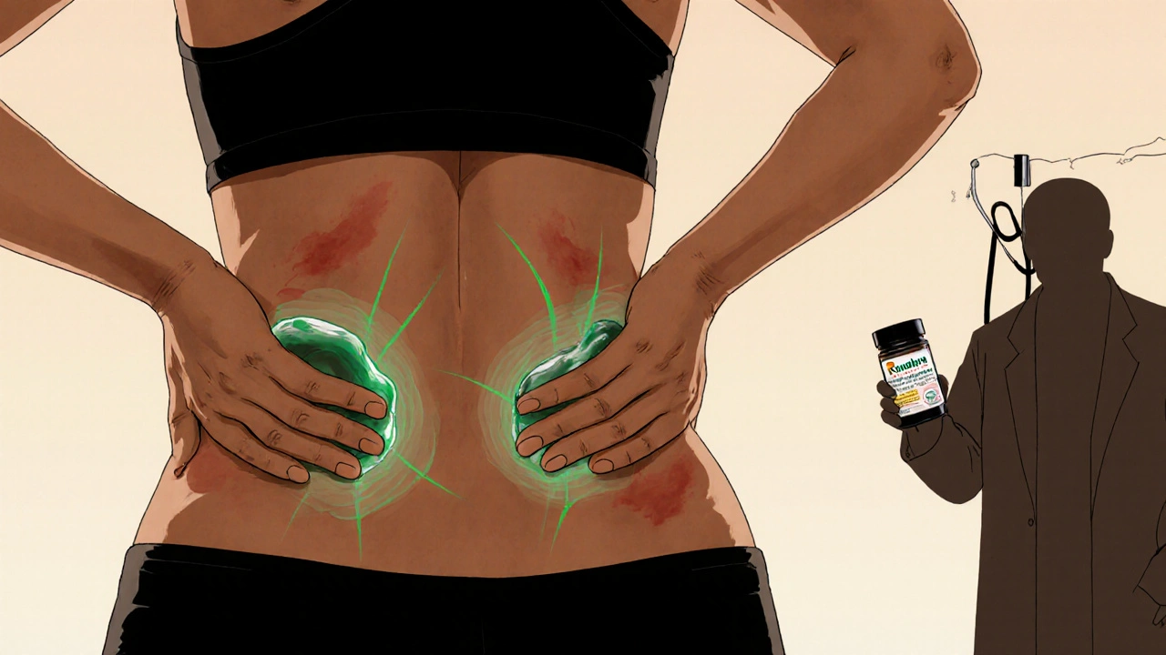 A yoga instructor applying Rumalaya gel to her lower back at sunrise, with herbal energy lines.