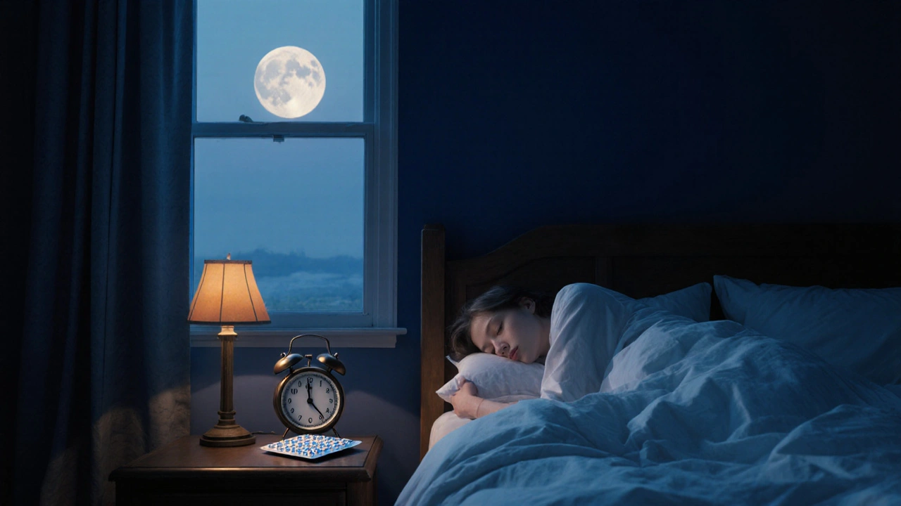 Bedroom scene with moonlight, a nightstand doxylamine pack, and a clock showing 7:30 am.