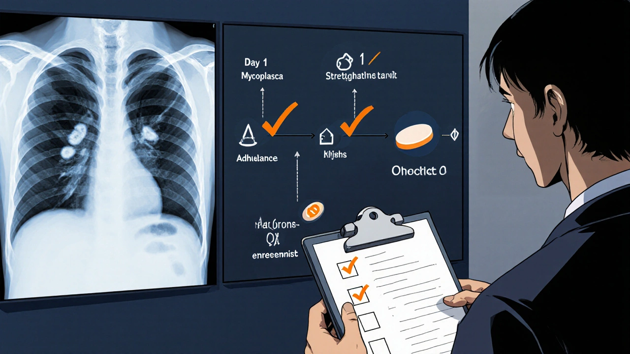 Clinician evaluating a patient with lung infection indicators and a five‑day Azithromycin timeline.