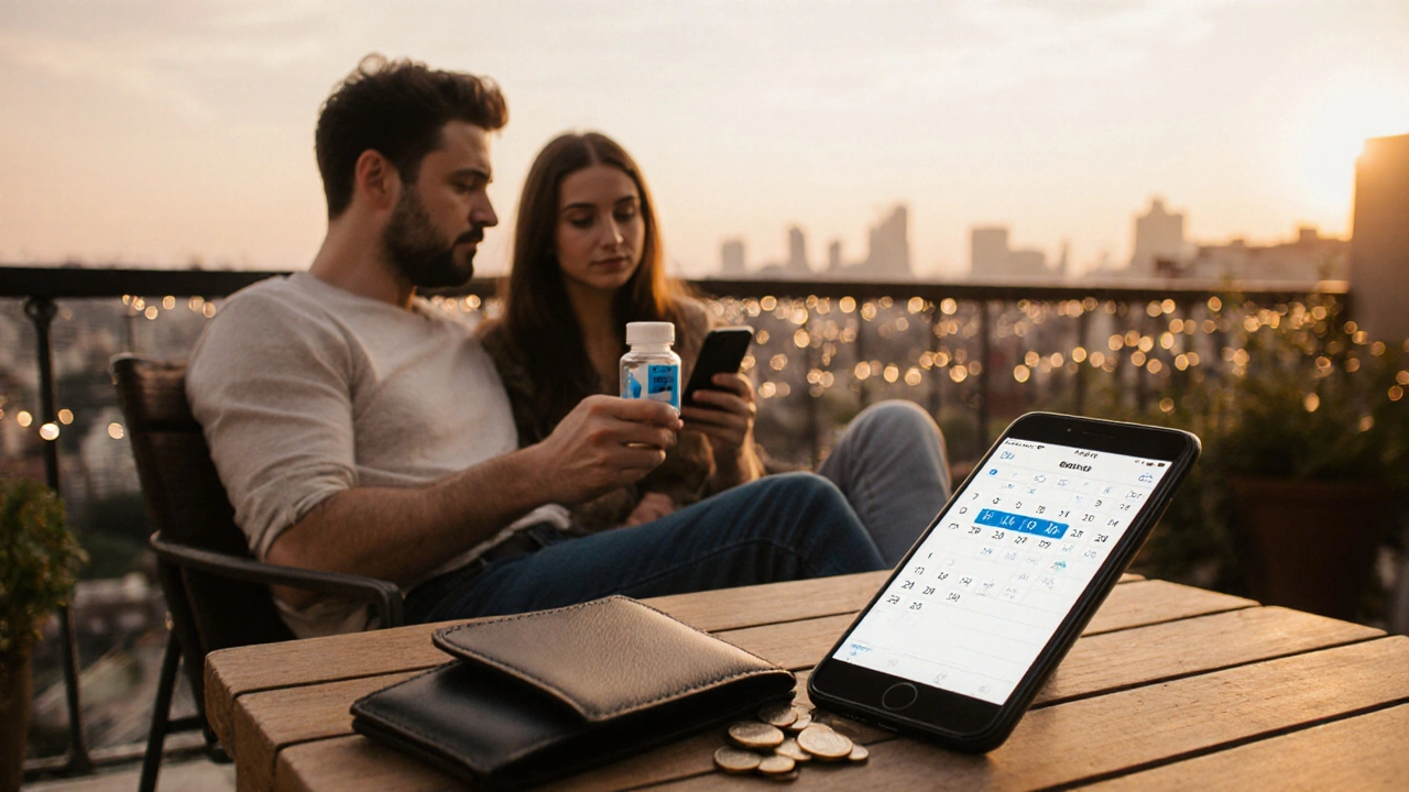 Couple on a balcony at sunset, man holding blue tablets, wallet and calendar hinting at budget and timing.