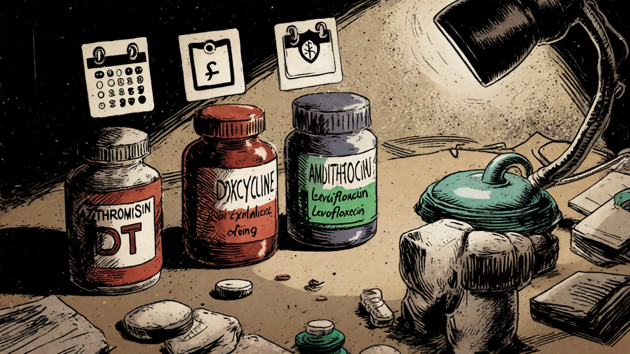 Doctor's desk with five pill bottles, each marked with icons for dosage, cost, and side effects.