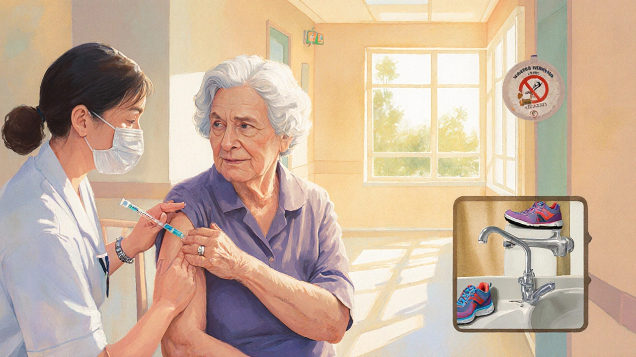Elderly woman getting a vaccine, washing hands and exercising for pneumonia prevention.