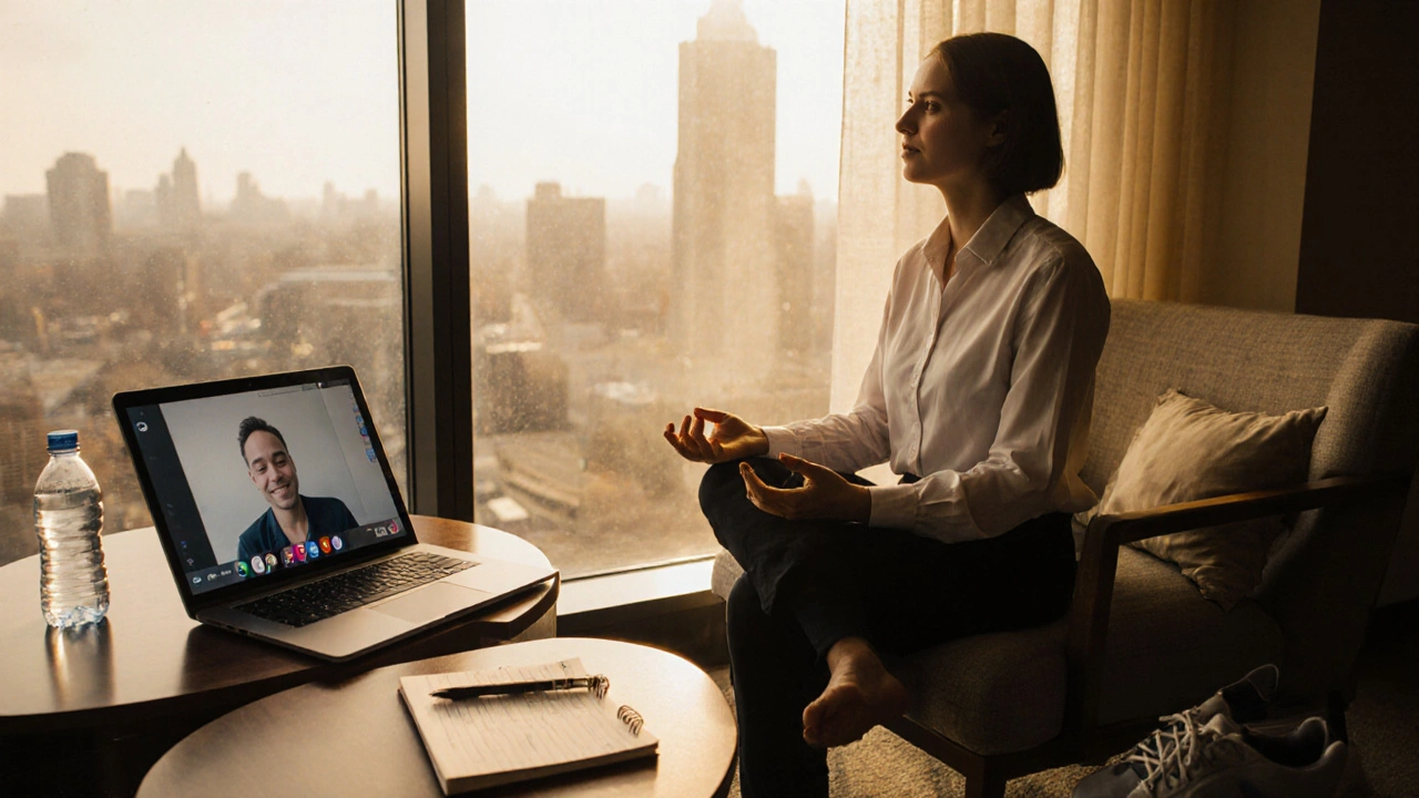 Employee taking a mindfulness break by a window with a video call for therapy.