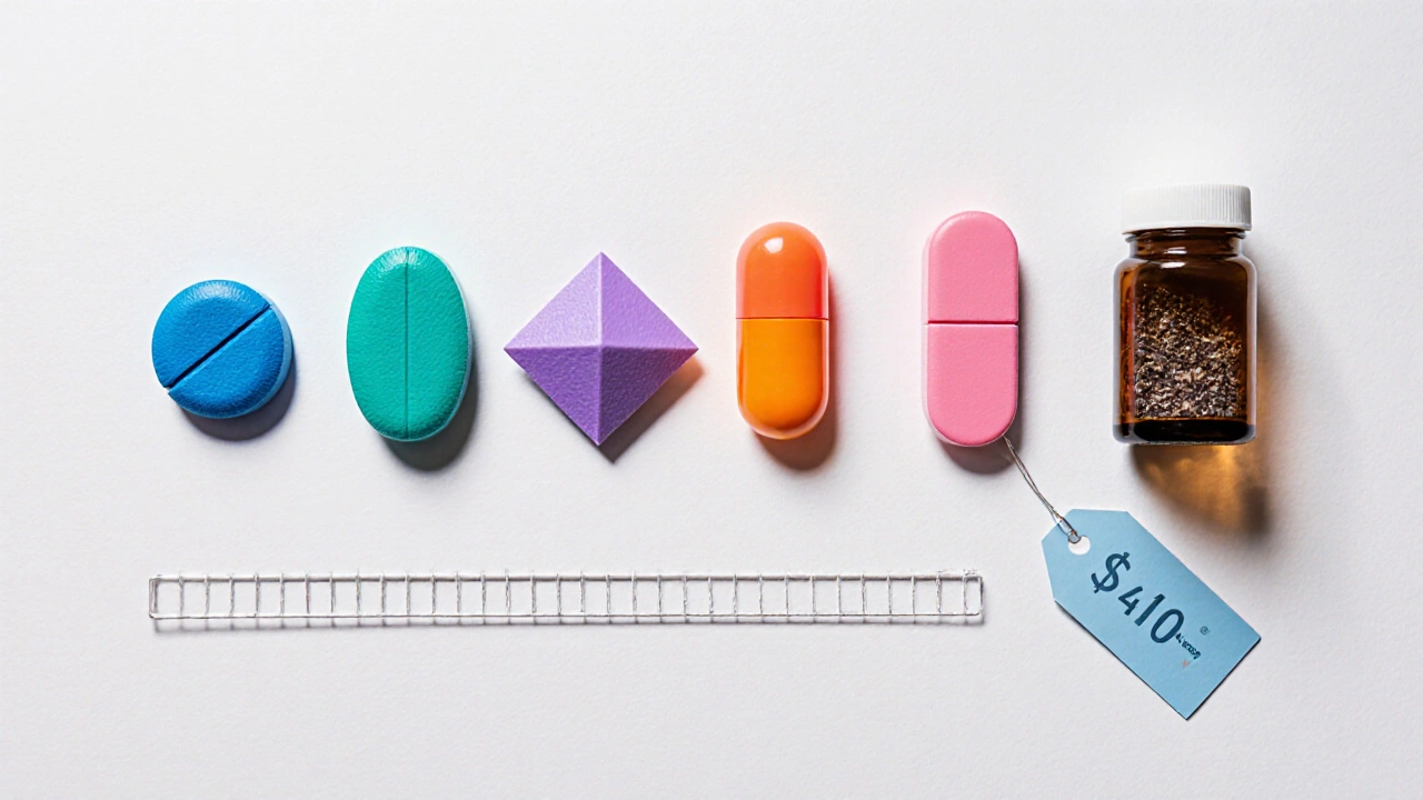 Flat‑lay of seven different colored ED pills and a supplement bottle for comparison.