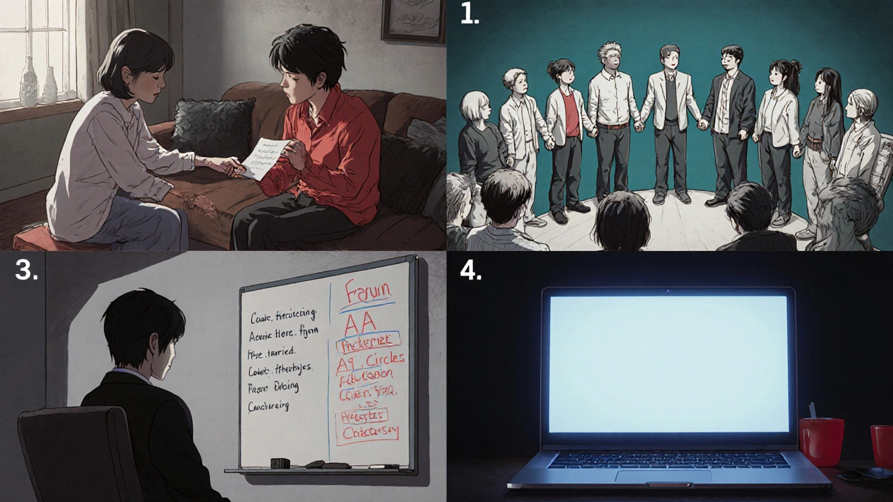 Four scenes showing family support, AA meeting, therapy session, and online forum in muted tones.