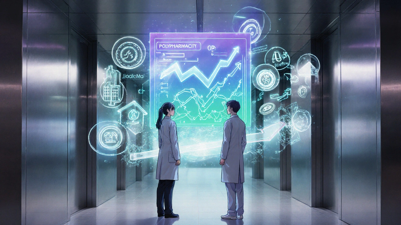 Futuristic clinic showing AI risk score hologram and symbols of cost savings.