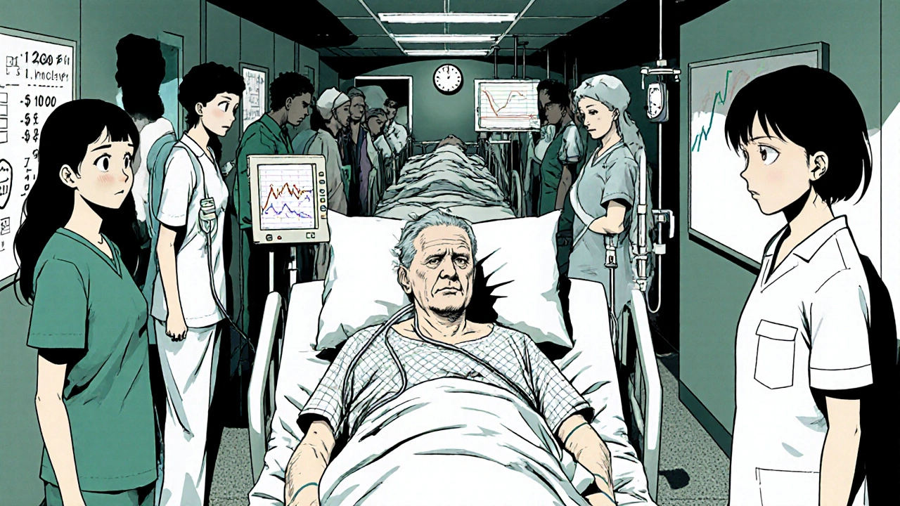 ICU corridor with a patient undergoing rejection treatment, exhausted staff, and a clock.