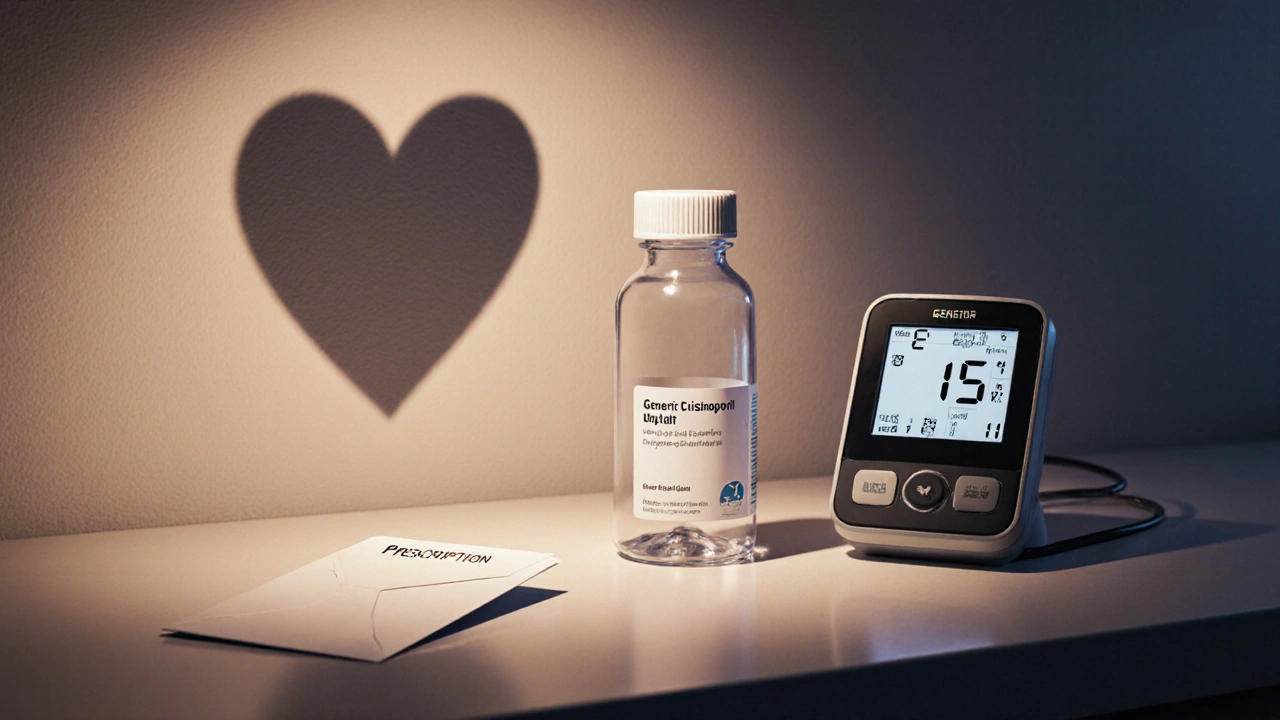 Kitchen counter with lisinopril bottle, blood pressure monitor, and child‑proof safety elements.
