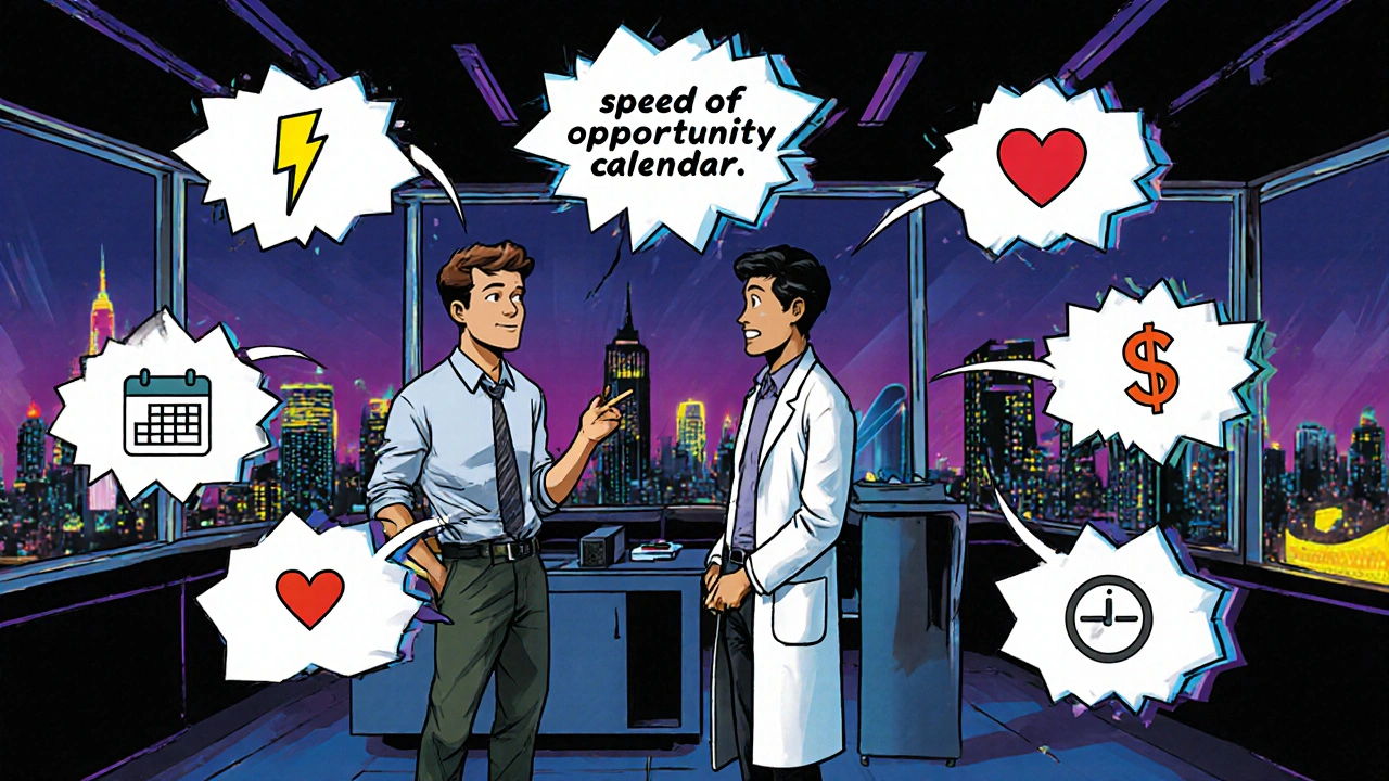 Man consulting doctor with thought bubbles of medication factors in a pop‑art comic scene.