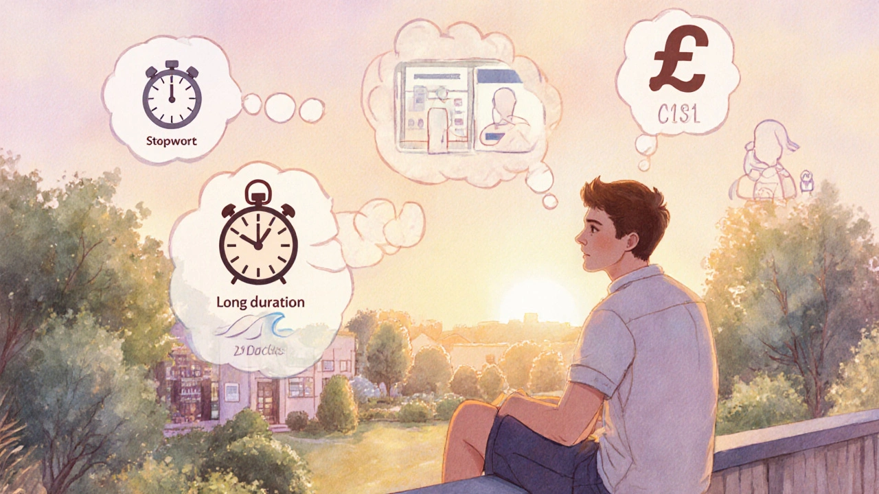 Man on a balcony with thought bubbles showing onset, duration, cost, and side effects.