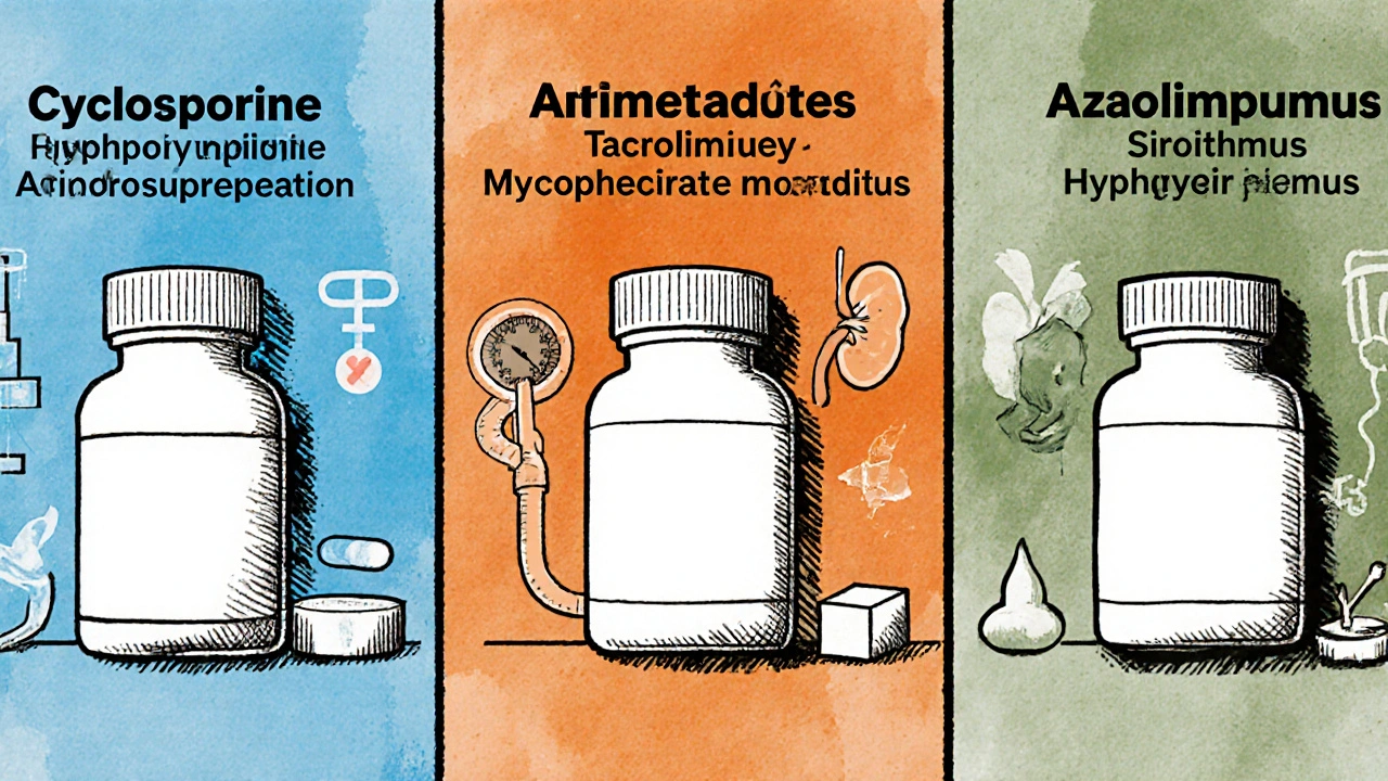 Manga panels compare side effects of major immunosuppressant drugs.