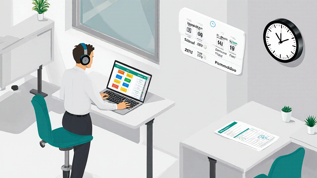 Office scene showing headphones, task app, flexible schedule board, and written brief.