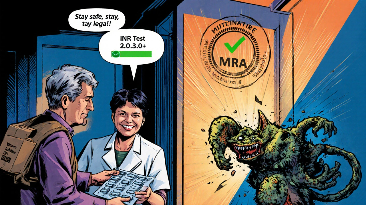 Patient receiving delivery box, pharmacist showing INR test result, counterfeit pill monster defeated.