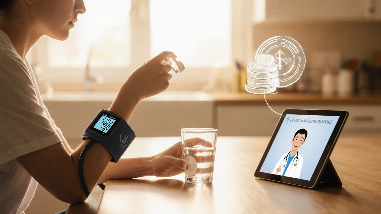 Patient taking Nimodipine at home, with blood pressure cuff and tele‑health screen.