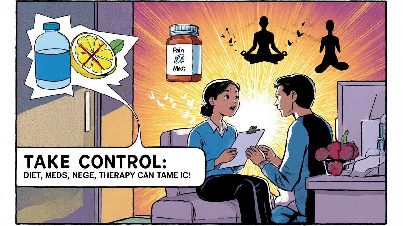 Patient with doctor, diet icons, medication, yoga pose, and diary illustrating IC management.