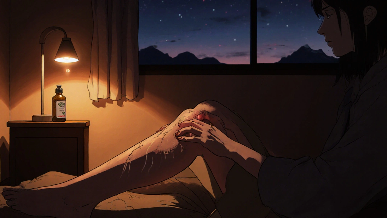 Person applying circular self‑massage with jojoba oil on a dry shin at night, in warm Gekiga illustration.