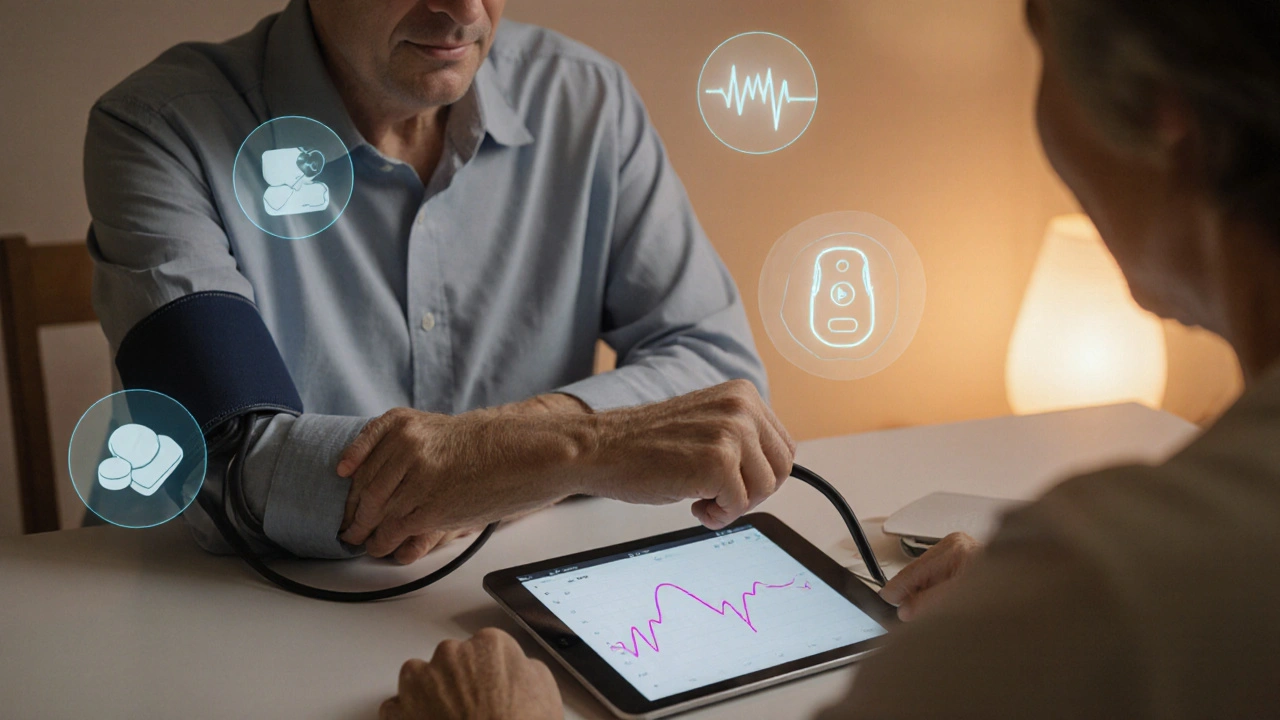 Person checks home blood pressure monitor with tablet showing heart waveform nearby.