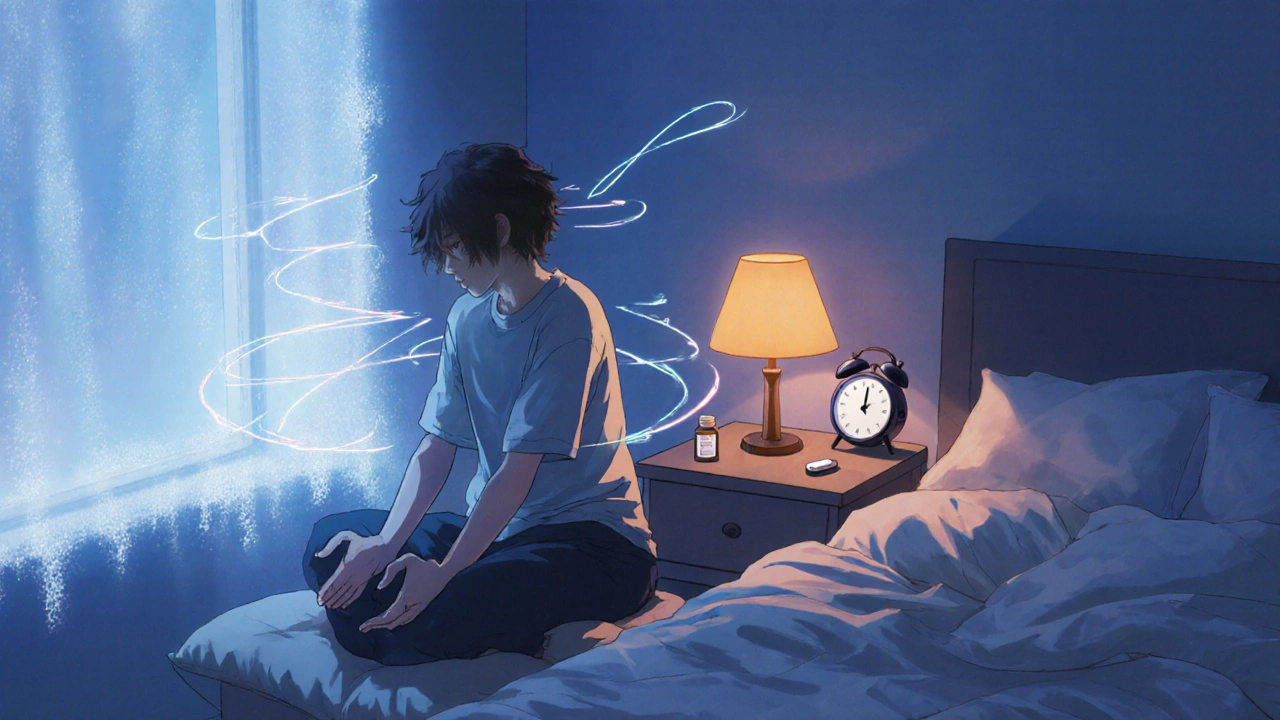 Person doing bedtime yoga with melatonin, soft lamp, and cool room indicating better REM.