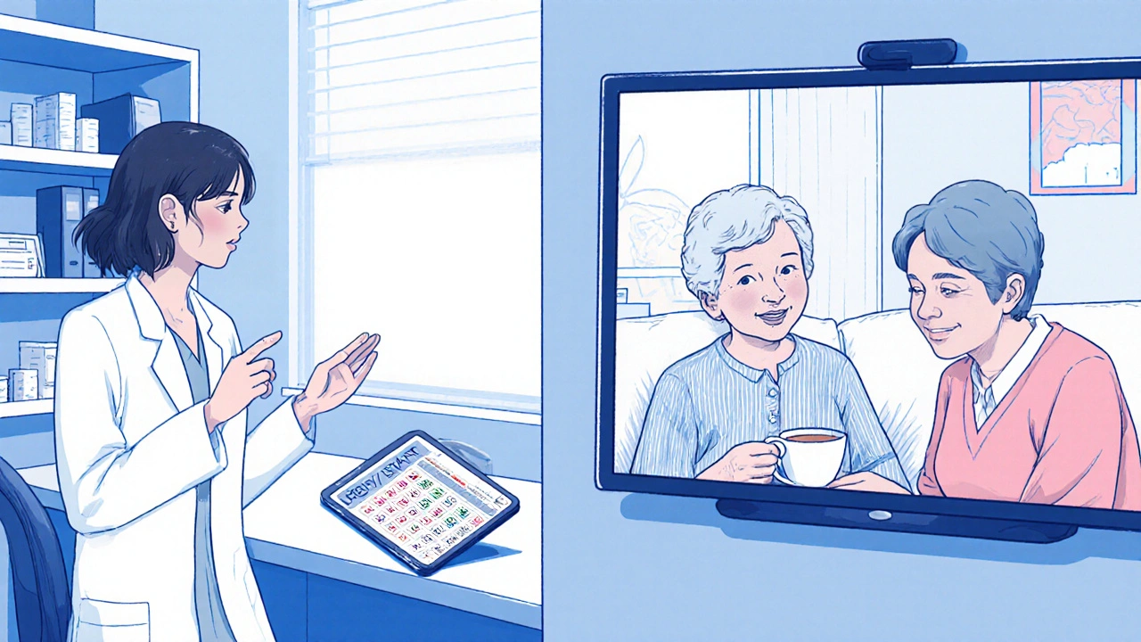 Pharmacist consulting a senior patient during a comprehensive medication review.