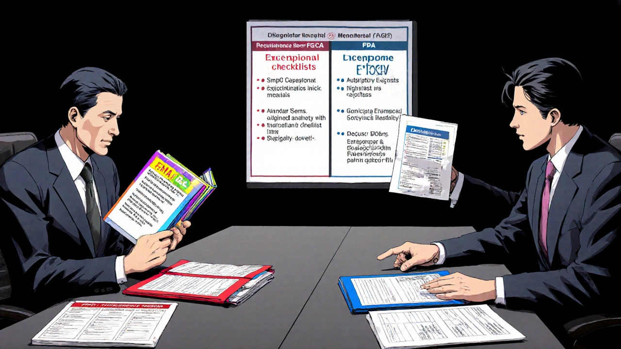 Regulators debate EMA SmPC vs FDA PI with risk tool manuals on a table.