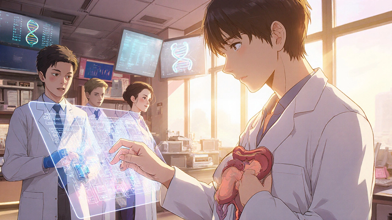 Research lab with holographic HLA matching and a patient receiving a successful transplant.