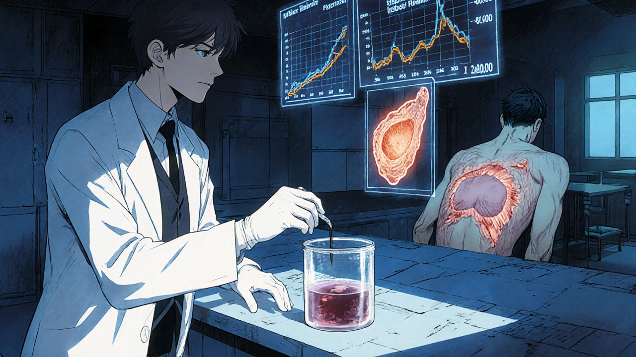 Researcher prepares recombinant growth factor while a wound heals in a futuristic lab.