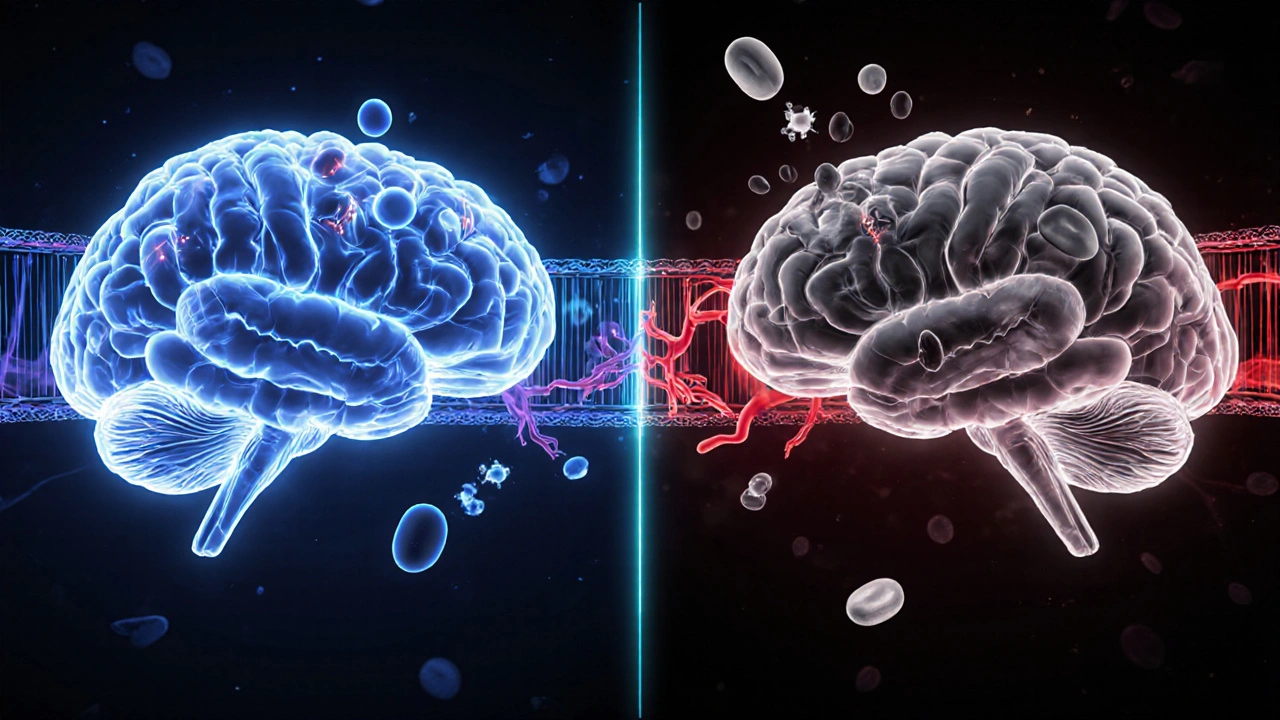 Side‑by‑side illustration of Nimodipine crossing the BBB versus nifedipine blocked.
