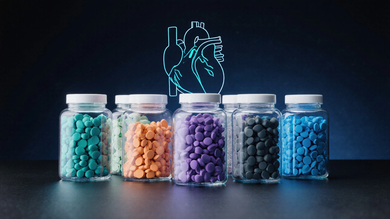 Six colorful pill bottles arranged on a dark surface with a stylized heart illustration.