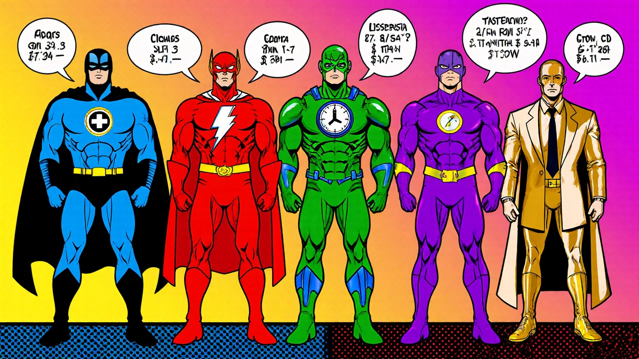 Six superhero figures representing different ED medicines with stats bubbles in comic style.