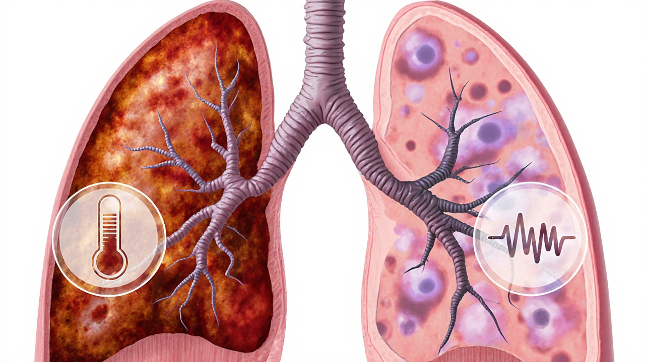 Split illustration of bacterial vs viral pneumonia lungs with symptom icons.