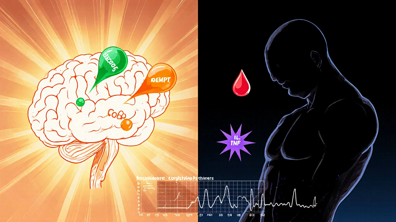 Split illustration showing serotonin/dopamine flow versus cortisol and cytokine spikes.