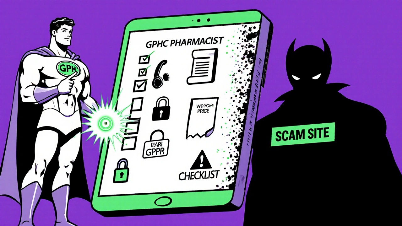 Superhero pharmacist checking a safety checklist on a tablet, scam villain in background.