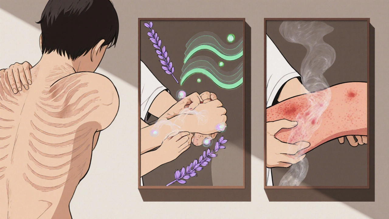 Therapist demonstrating myofascial release, lymphatic drainage, and aromatherapy massage on eczema‑affected skin.