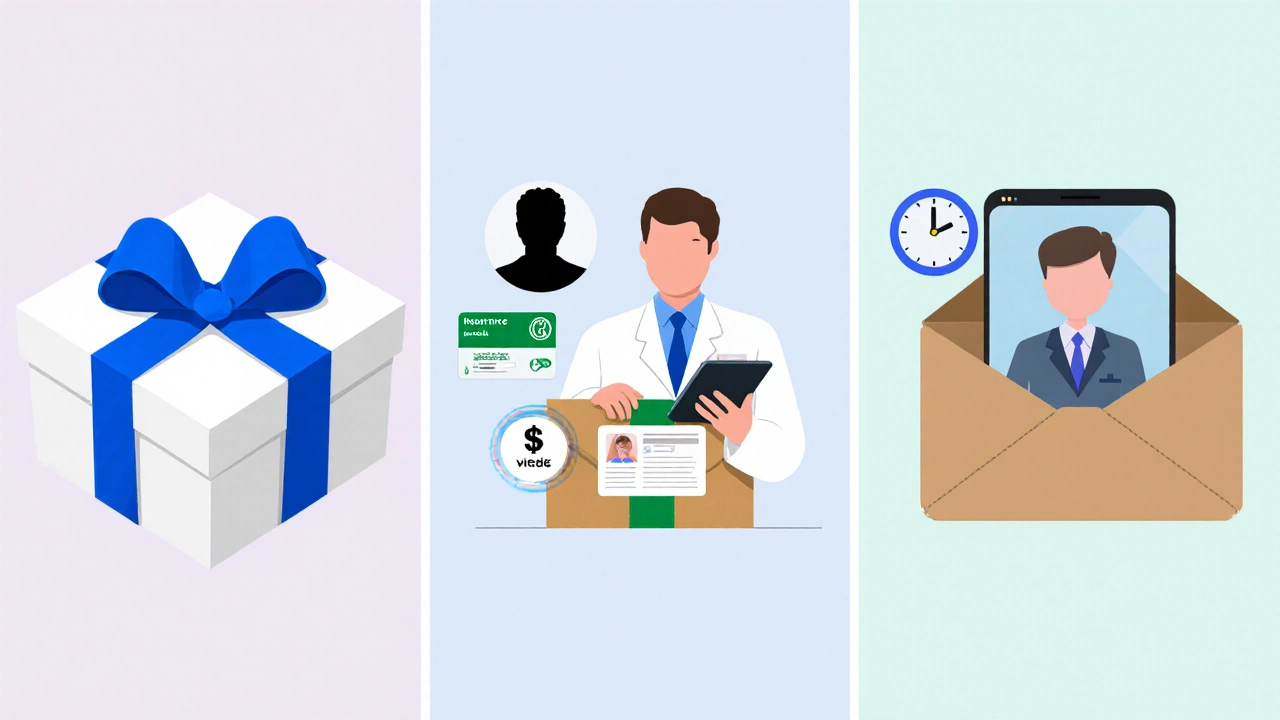 Three illustrated pharmacy packages showing pharmacist review, insurance badge, and fast delivery.
