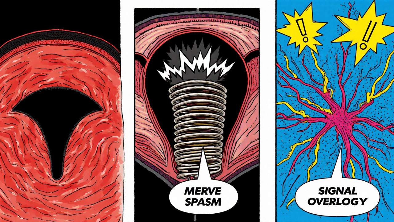 Three panels visualizing bladder inflammation, pelvic muscle spasm, and overloaded nerve signals.