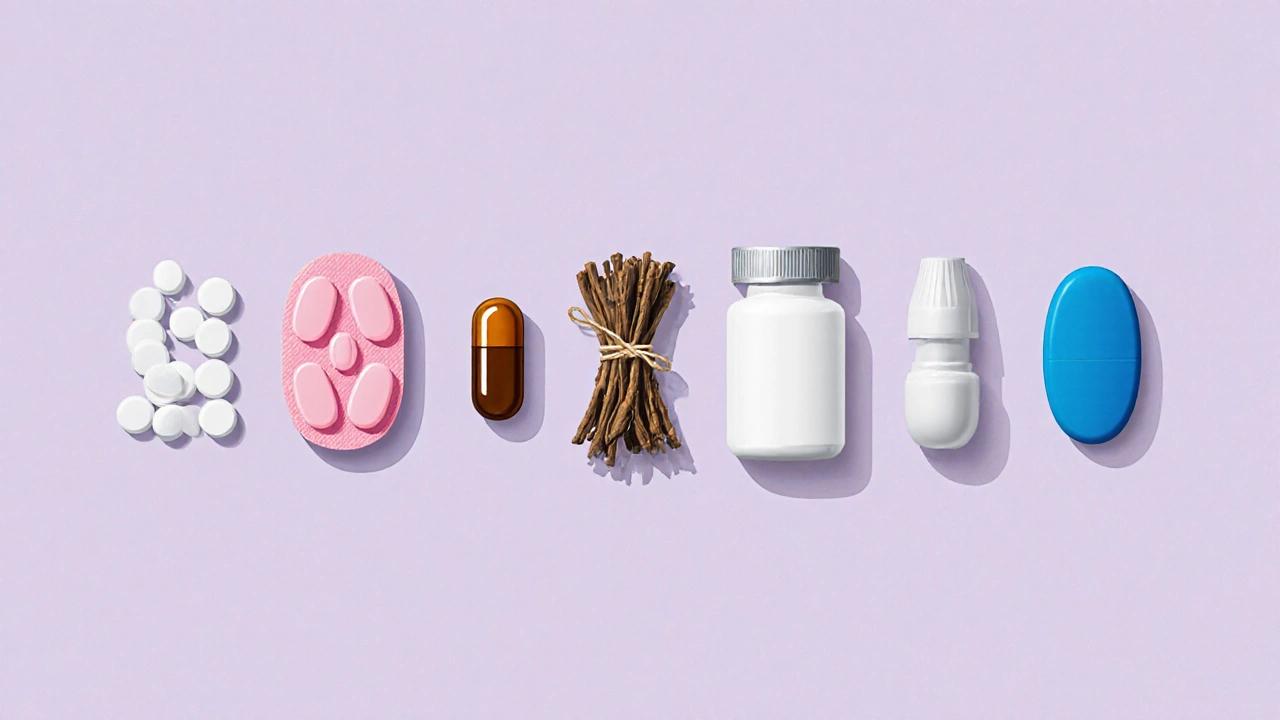 Top‑down view of six sleep aid items arranged side by side in a minimalist flat‑lay.