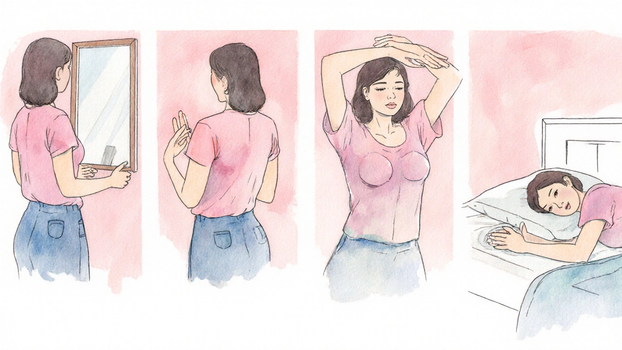 Watercolor steps of a woman performing a breast self‑exam.
