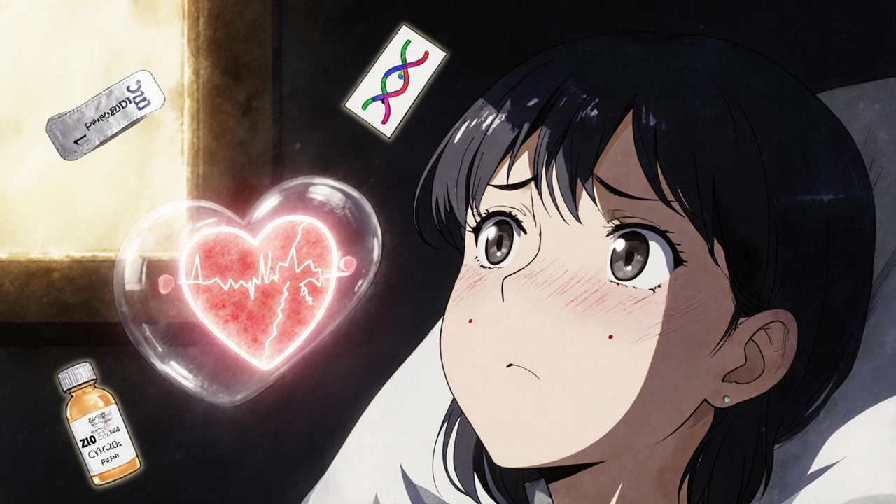 Woman in hospital bed with transparent heart showing fractured QT interval and medical icons