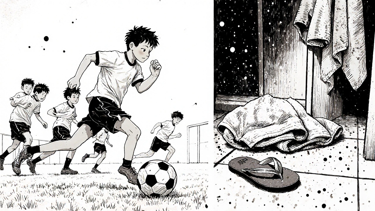 A boy scratching his groin after soccer practice, with damp clothes and flip-flops nearby.