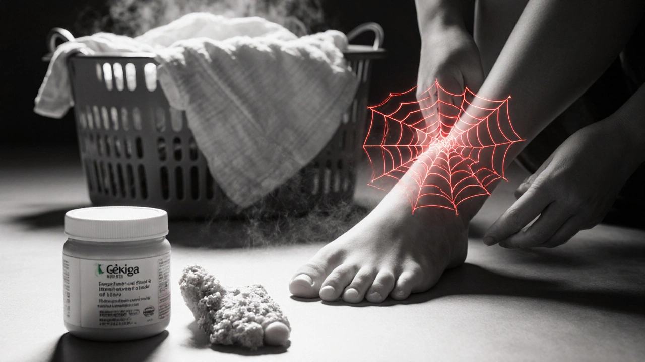A child’s foot with peeling skin connected by a fungal web to their thigh, with laundry steaming in the background.
