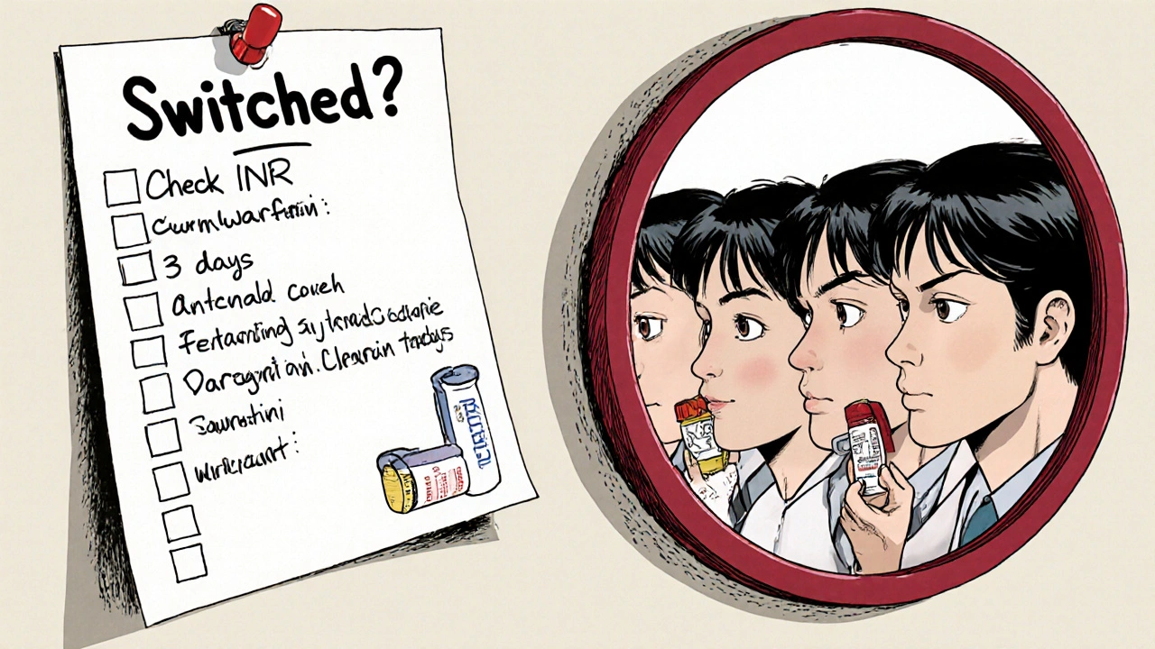 A clinic checklist with patients staring at fractured reflections of themselves, symbolizing variable drug responses.