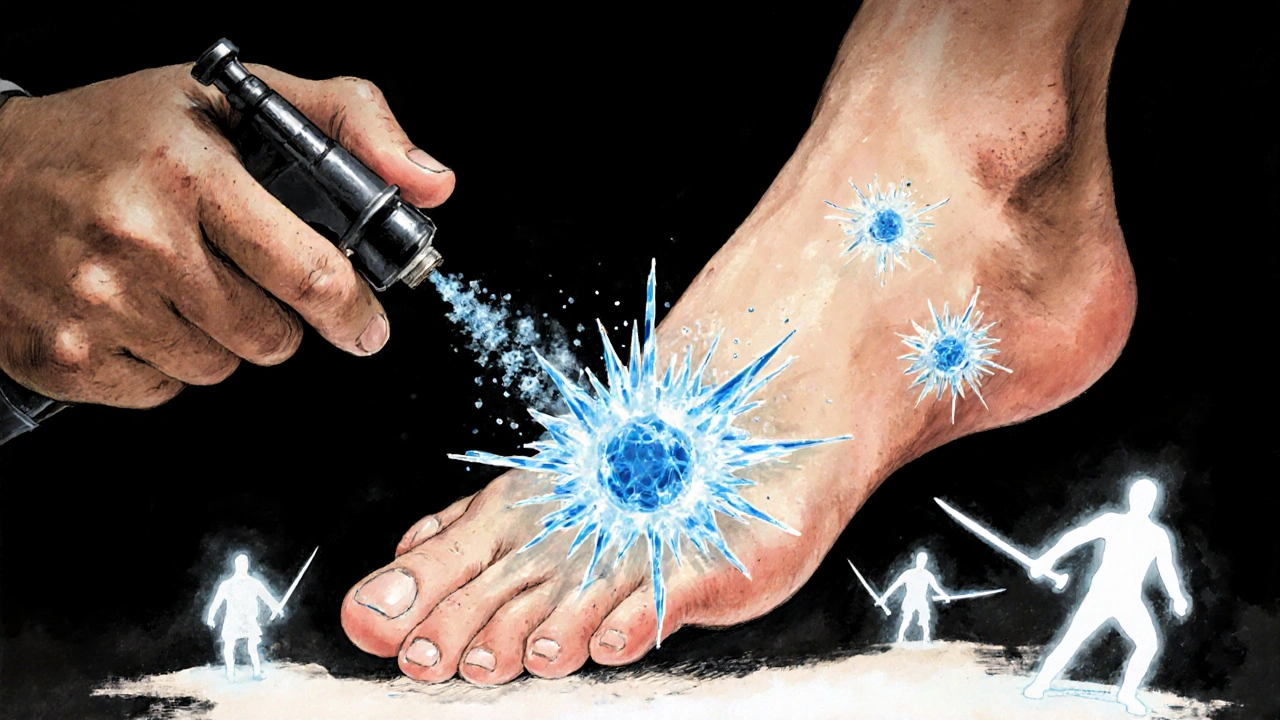 A dermatologist spraying liquid nitrogen on a wart as immune cells rush in.