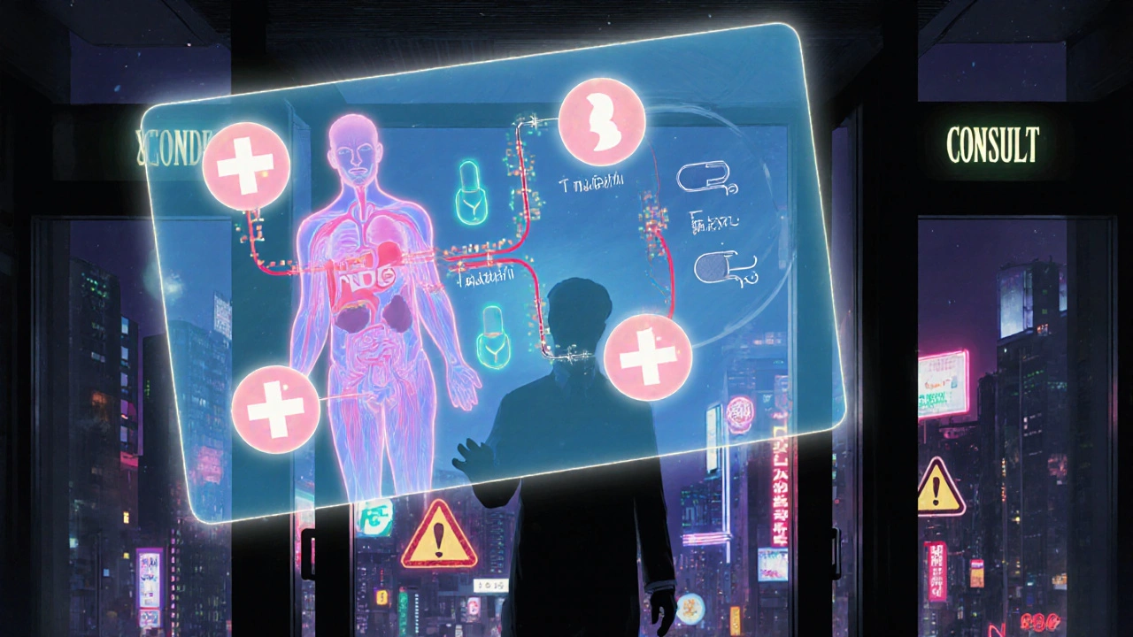A floating medical chart showing four ED drugs blocking enzymes, with a doctor guiding toward consultation.