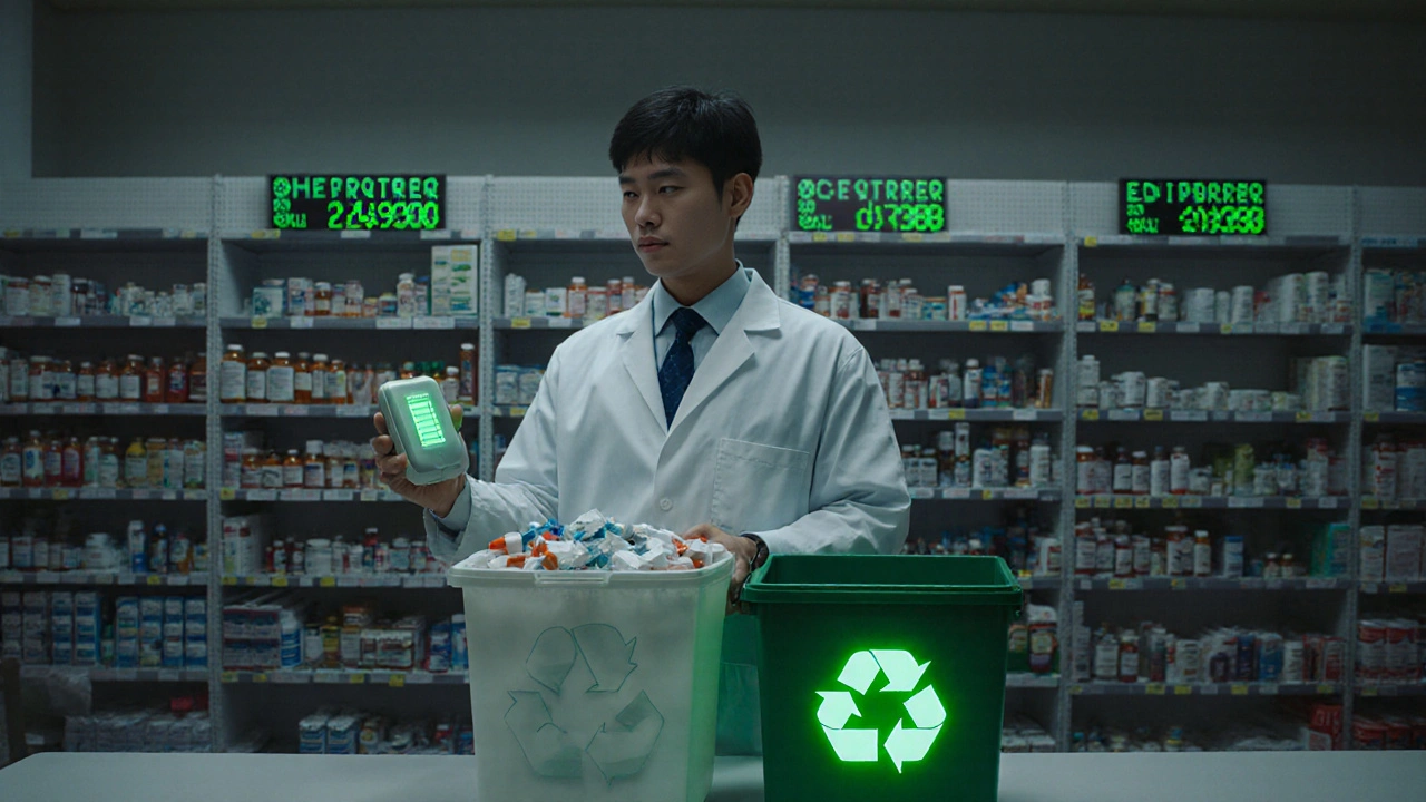 A pharmacist with a temperature device beside expired meds, shelves with digital expiry dates in background.