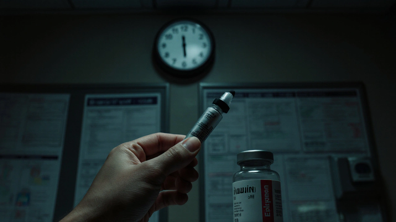 A trembling hand holding an expired EpiPen and insulin vial under harsh light.