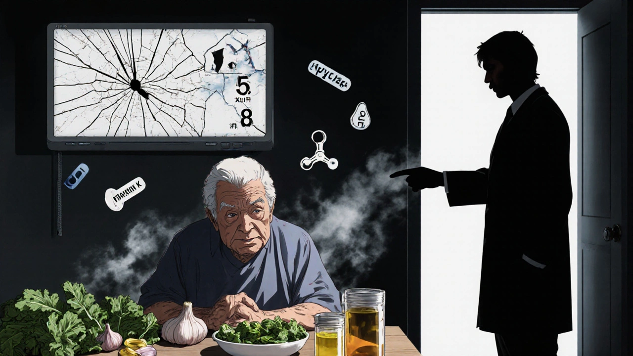 An elderly patient surrounded by foods and supplements affecting warfarin, with a high INR reading on the wall.
