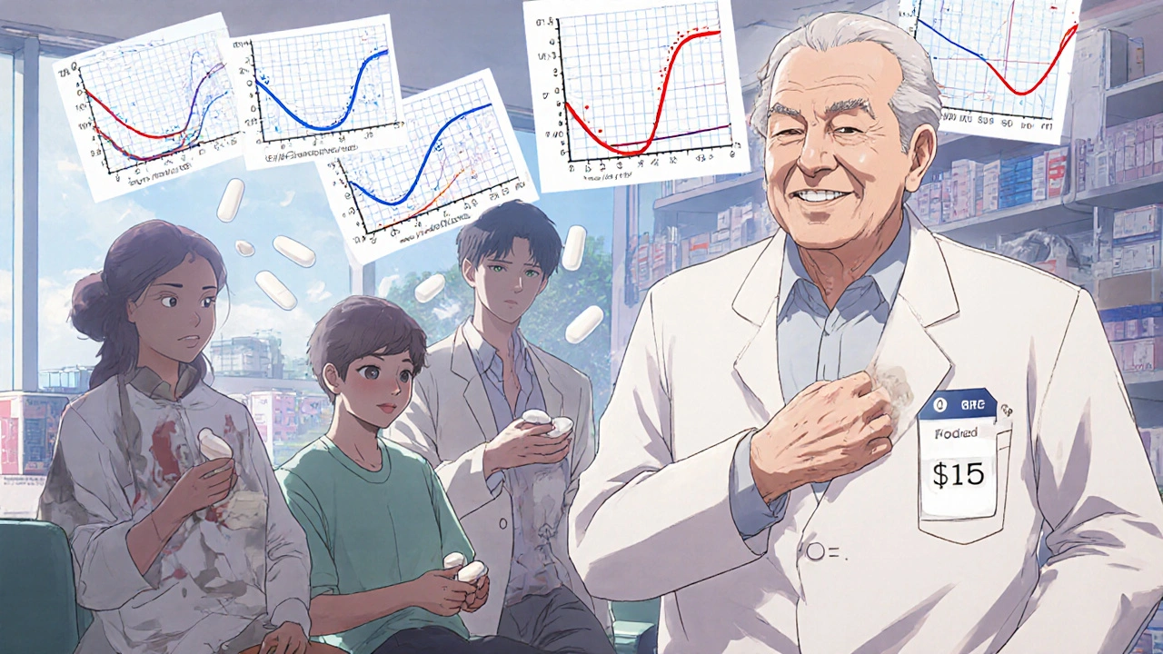 Diverse patients in a pharmacy holding different-colored pills, with overlapping blood concentration graphs above them.