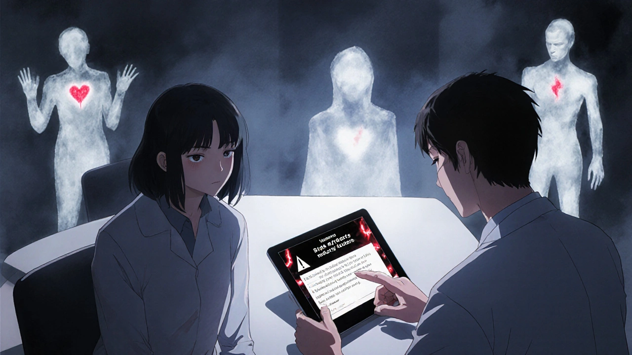 Doctor and patient in clinic, doctor pointing to a digital black box warning, patient fearful, ghostly side effects in background.