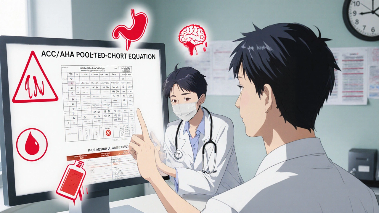 Doctor and patient reviewing heart risk calculator with floating bleeding warning icons.